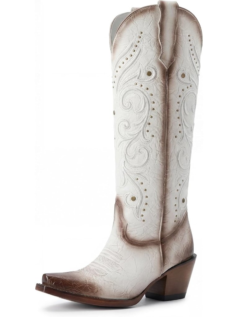 Women's White Knee High Embroidered Pointed Toe Cowgirl Boots Side Zipper Boots